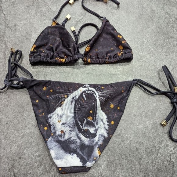 We Are Handsome Aureate black and gold lion print string bikini - Picture 3 of 12